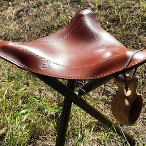 LEGS NOT INCLUDED! Leather Camp Stool For Bushcraft & Camping - Comfortable Cowhide Tripod seat with decoration for Campers Or Bushcrafters