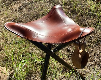 LEGS NOT INCLUDED! Leather Camp Stool For Bushcraft & Camping - Comfortable Cowhide Tripod seat with decoration for Campers Or Bushcrafters