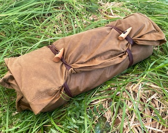 Bushcraft Spain Oilskin & Wool Nap-Sack, Pillow, Storage bag, Seat Pad, Working Surface and more! 100% leather straps and Olive Wood toggles