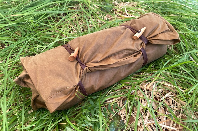 Bushcraft Spain Oilskin & Wool Nap-Sack, Pillow, Storage bag, Seat Pad, Working Surface and more 100% leather straps and Olive Wood toggles image 1