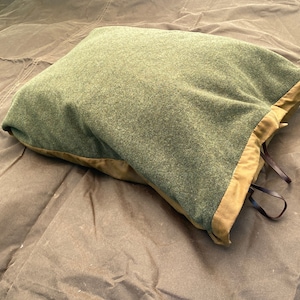 Bushcraft Spain Oilskin & Wool Nap-Sack, Pillow, Storage bag, Seat Pad, Working Surface and more 100% leather straps and Olive Wood toggles image 6