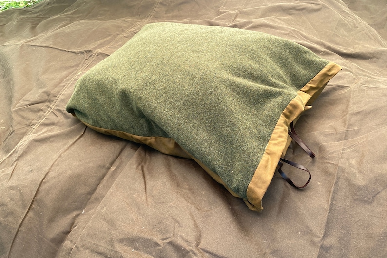 Bushcraft Spain Oilskin & Wool Nap-Sack, Pillow, Storage bag, Seat Pad, Working Surface and more 100% leather straps and Olive Wood toggles image 6