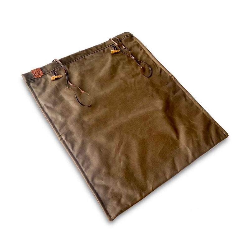 Bushcraft Spain Oilskin & Wool Nap-Sack, Pillow, Storage bag, Seat Pad, Working Surface and more 100% leather straps and Olive Wood toggles image 3