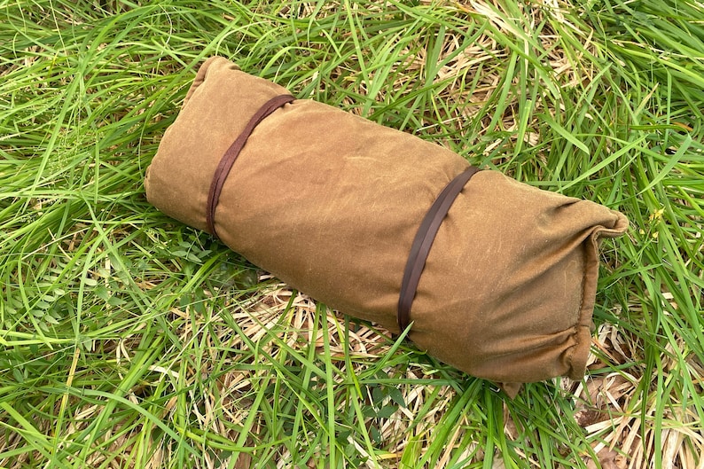 Bushcraft Spain Oilskin & Wool Nap-Sack, Pillow, Storage bag, Seat Pad, Working Surface and more 100% leather straps and Olive Wood toggles image 7