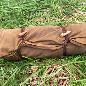 Bushcraft Spain Oilskin & Wool Nap-Sack, Pillow, Storage bag, Seat Pad, Working Surface and more 100% leather straps and Olive Wood toggles image 5