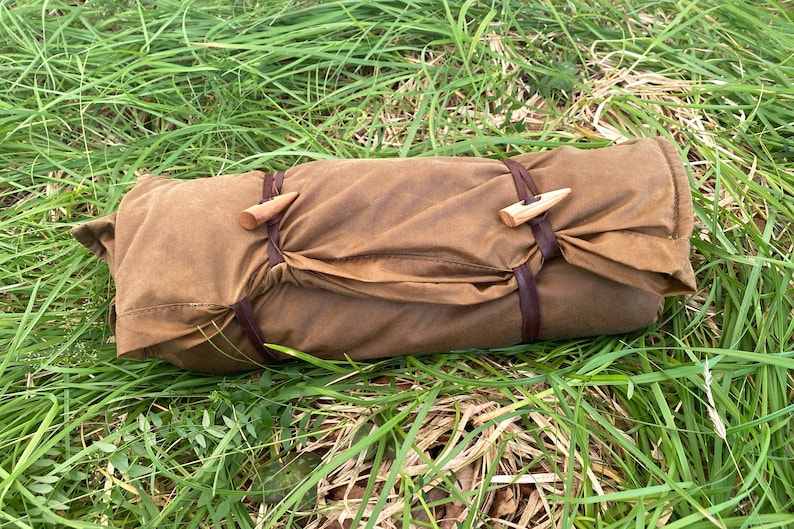 Bushcraft Spain Oilskin & Wool Nap-Sack, Pillow, Storage bag, Seat Pad, Working Surface and more 100% leather straps and Olive Wood toggles image 5