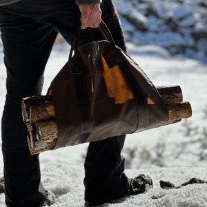 Oilskin and Leather LOG CARRIER A Heavy Duty Waxed Canvas Carrier for Firewood perfect for Bushcraft and Outdoor gifts Made in Spain image 2