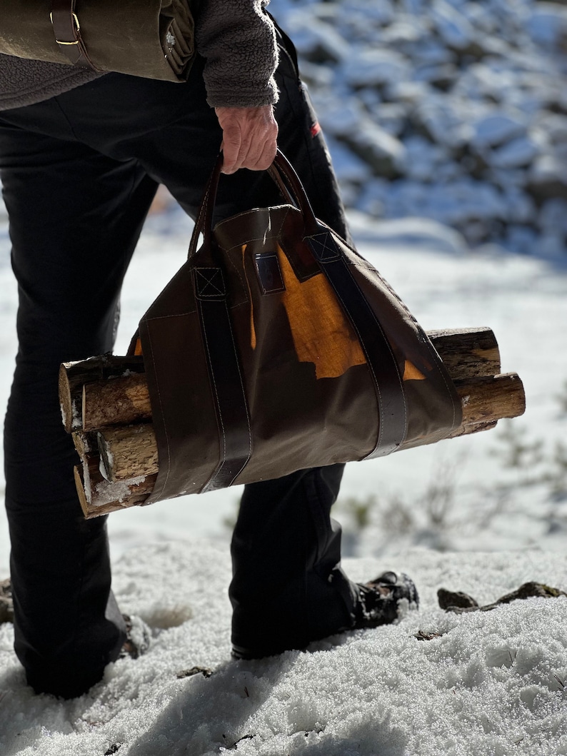 Oilskin and Leather LOG CARRIER A Heavy Duty Waxed Canvas Carrier for Firewood perfect for Bushcraft and Outdoor gifts Made in Spain image 2