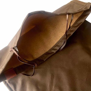 Bushcraft Spain Oilskin & Wool Nap-Sack, Pillow, Storage bag, Seat Pad, Working Surface and more 100% leather straps and Olive Wood toggles image 4
