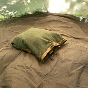Bushcraft Spain Oilskin & Wool Nap-Sack, Pillow, Storage bag, Seat Pad, Working Surface and more 100% leather straps and Olive Wood toggles image 8