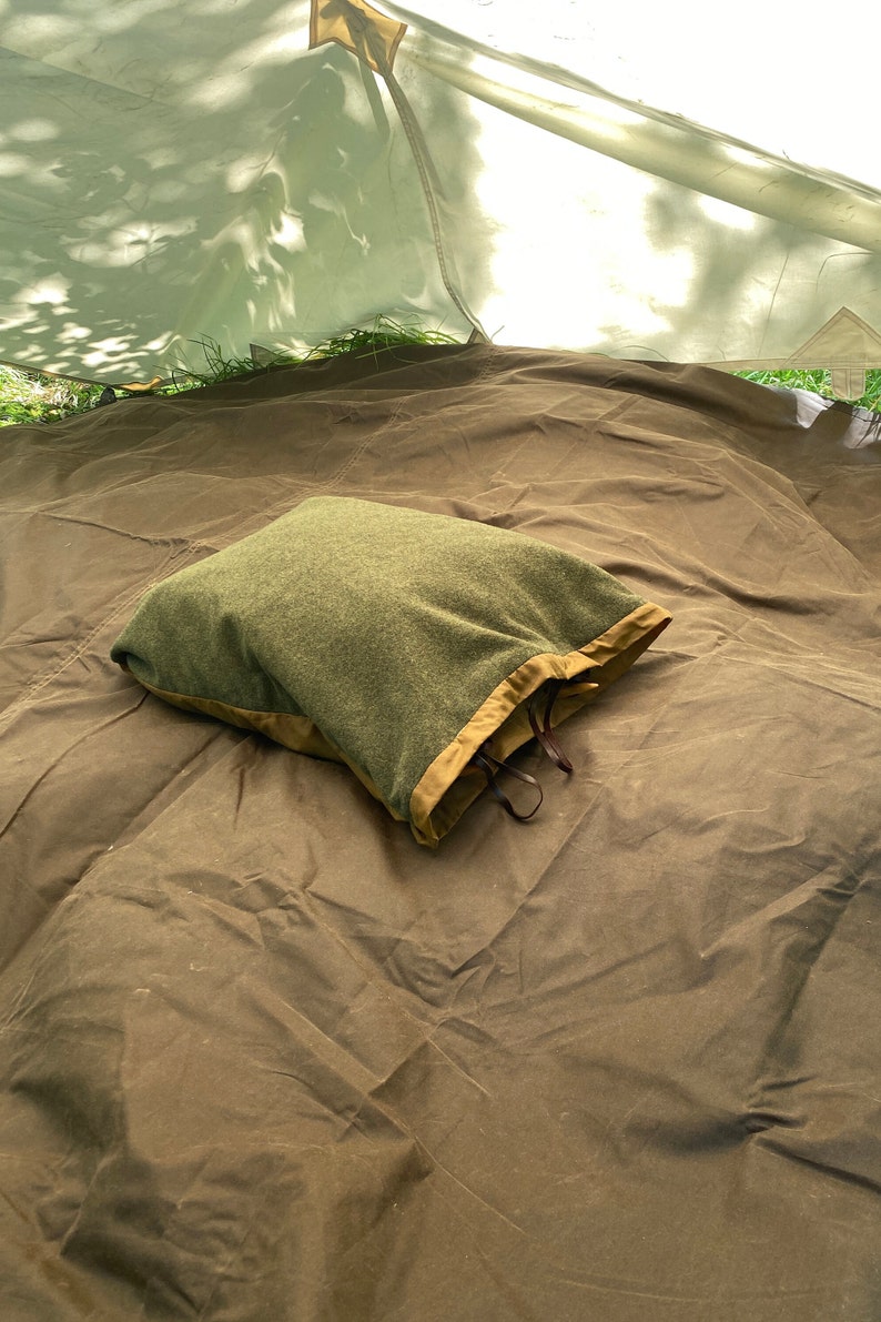 Bushcraft Spain Oilskin & Wool Nap-Sack, Pillow, Storage bag, Seat Pad, Working Surface and more 100% leather straps and Olive Wood toggles image 8