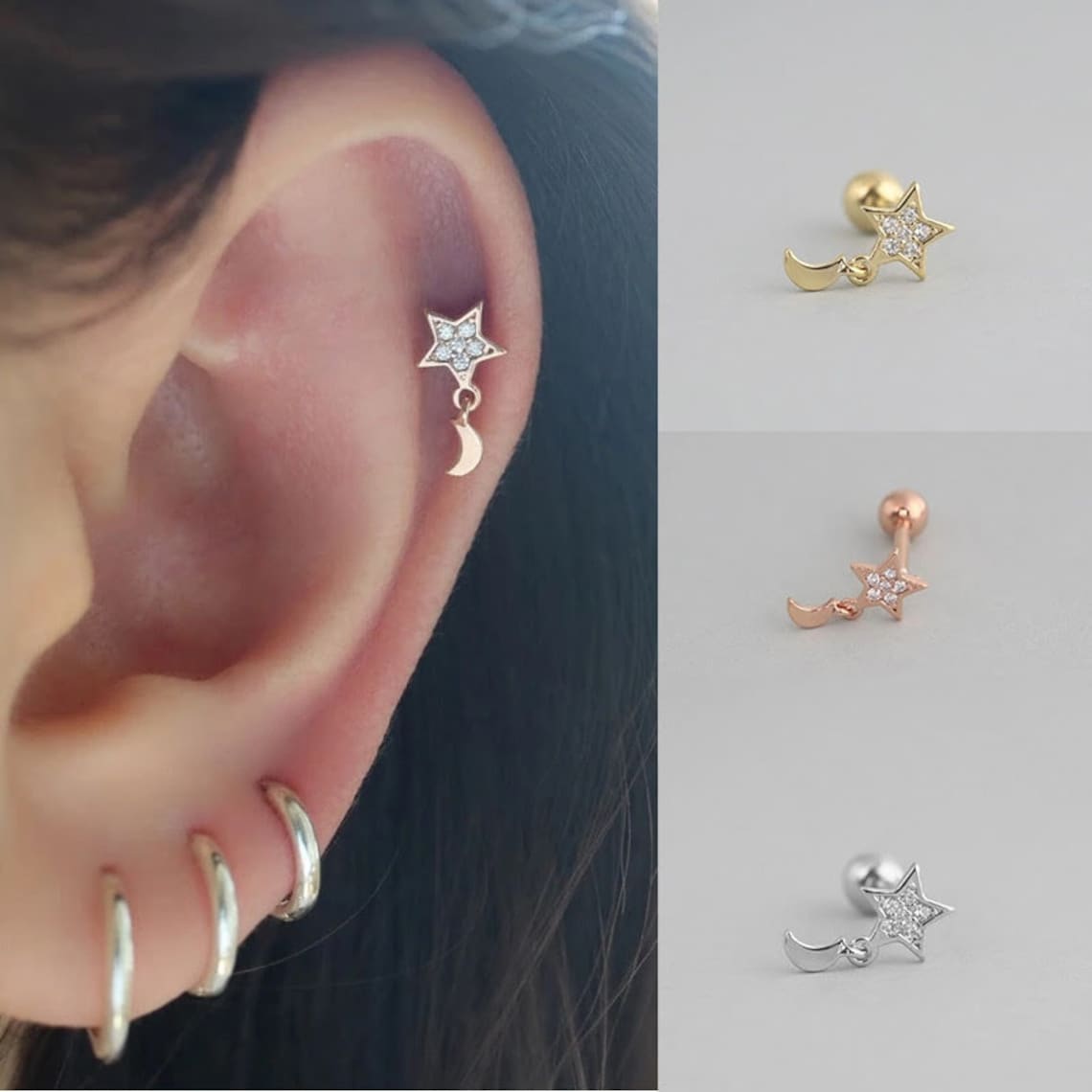 925 Sterling Silver Stud Earrings Helix moon star Rose Gold Etsy