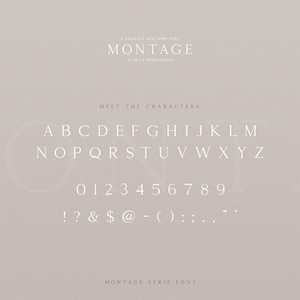 May include: A white serif font called Montage, with all uppercase letters, numbers, and punctuation marks displayed on a light beige background.