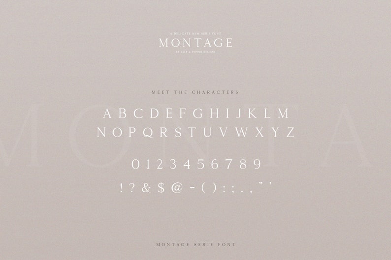 May include: A white serif font called Montage, with all uppercase letters, numbers, and punctuation marks displayed on a light beige background.