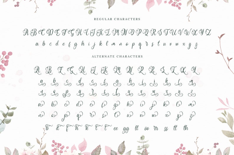 Pu&ograve; includere: Un grafico di alfabeto di font con lettere maiuscole e minuscole in uno stile di scrittura corsivo. Le lettere sono scritte con inchiostro nero su uno sfondo bianco. Il grafico &egrave; decorato con illustrazioni floreali ad acquerello in tonalit&agrave; di rosa e verde.