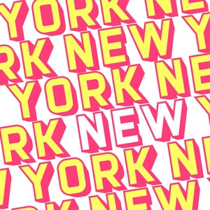 Puede incluir: Un fondo blanco con las palabras "NEW YORK" repetidas en un patr&oacute;n diagonal. Las palabras est&aacute;n en una fuente en negrita, sin serif. Las palabras alternan entre amarillo y rosa.