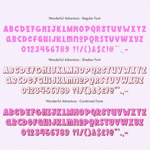 May include: A digital font design called "Wonderful Adventure" is shown in three styles: Regular, Shadow, and Combined. The font includes uppercase and lowercase letters, numbers, and symbols in pink and brown colours.