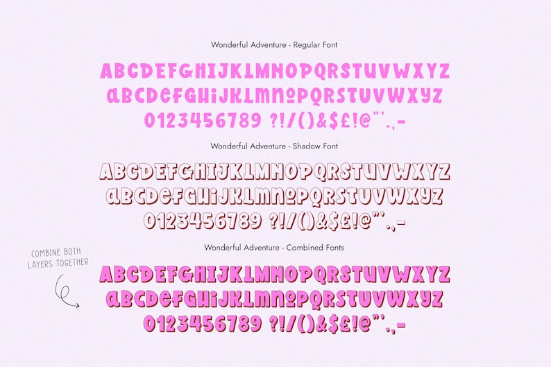 May include: A digital font design called "Wonderful Adventure" is shown in three styles: Regular, Shadow, and Combined. The font includes uppercase and lowercase letters, numbers, and symbols in pink and brown colours.