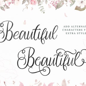 Pu&ograve; includere: Un carattere nero in stile calligrafico chiamato "Beautiful" con due diversi stili della lettera "e" mostrati. Il testo "ADD ALTERNATE CHARACTERS FOR EXTRA STYLE" &egrave; anche mostrato in testo nero.