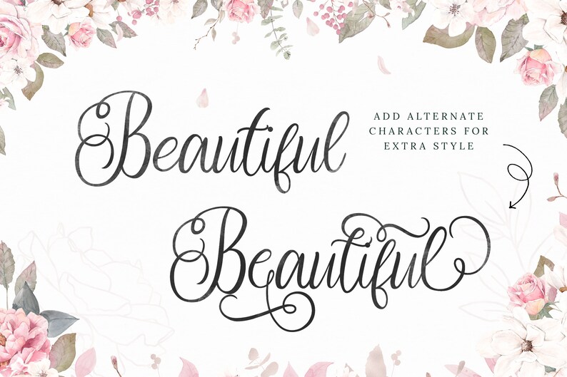 Pu&ograve; includere: Un carattere nero in stile calligrafico chiamato "Beautiful" con due diversi stili della lettera "e" mostrati. Il testo "ADD ALTERNATE CHARACTERS FOR EXTRA STYLE" &egrave; anche mostrato in testo nero.
