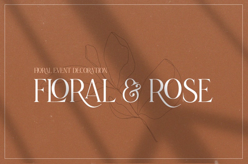 May include: Floral & Rose, a white text logo on a brown background with a line drawing of a leaf and flower. The text reads "Floral Event Decoration" above the logo.