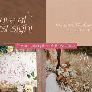 Puede incluir: Una colecci&oacute;n de dise&ntilde;os de invitaciones de boda con elegantes fuentes de caligraf&iacute;a. Los dise&ntilde;os incluyen el texto "Love at first sight", "Louise Thilington", "Chloe & Colin" y "Maria & Oliver".