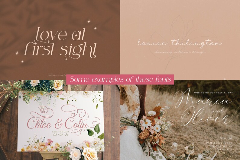 Puede incluir: Una colecci&oacute;n de dise&ntilde;os de invitaciones de boda con elegantes fuentes de caligraf&iacute;a. Los dise&ntilde;os incluyen el texto "Love at first sight", "Louise Thilington", "Chloe & Colin" y "Maria & Oliver".