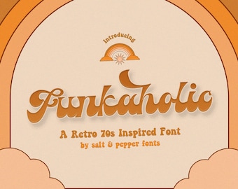 May include: A retro-themed graphic with the word "Funkaholic" in a layered, orange font. The image includes the text "A Retro 70s Inspired Font" and a rainbow illustration, all on a beige background.