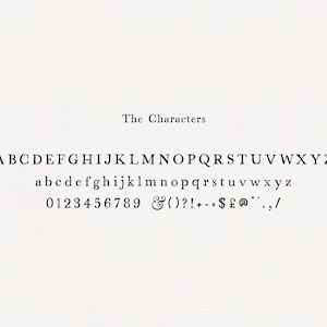 May include: A font alphabet chart showing uppercase and lowercase letters, numbers, and punctuation marks. The text reads "The Characters".