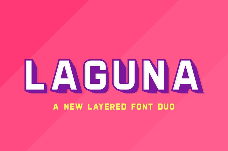 Puede incluir: Un d&uacute;o de fuentes superpuestas llamado "Laguna" en letras blancas con un contorno morado sobre un fondo rosa. El texto "A New Layered Font Duo" est&aacute; debajo del t&iacute;tulo en amarillo.