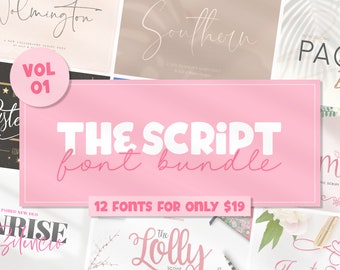 May include: A pink and white graphic with the text "THE SCRIPT font bundle" and "12 FONTS FOR ONLY $19". The graphic is surrounded by images of different script fonts, including "Wilmington", "Southern", "Sunrise", "Lolly", "Pacific", "Raste", and "Amelie".