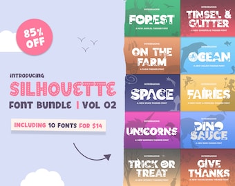 May include: A promotional graphic for a font bundle, featuring various themed fonts like "Forest," "Tinsel & Glitter," and "Ocean." The design includes a pink circle with "85% OFF" and the text "Silhouette Font Bundle | Vol 02."
