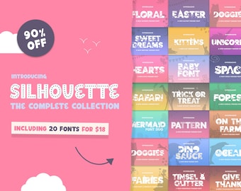 May include: A pink graphic featuring a font collection. The text reads "Introducing Silhouette: The Complete Collection" with a 90% off promotion. Includes 20 fonts. Various themed fonts are displayed, including Floral, Easter, Doggie, Sweet Dreams, Kittens, and Unicorn.
