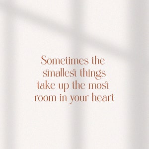 May include: A white background with a shadow pattern. The text "Sometimes the smallest things take up the most room in your heart" is written in brown.