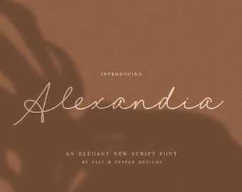 May include: Introducing Alexandria, an elegant new script font by Salt & Pepper Designs. The font is displayed in a white cursive style against a brown background.