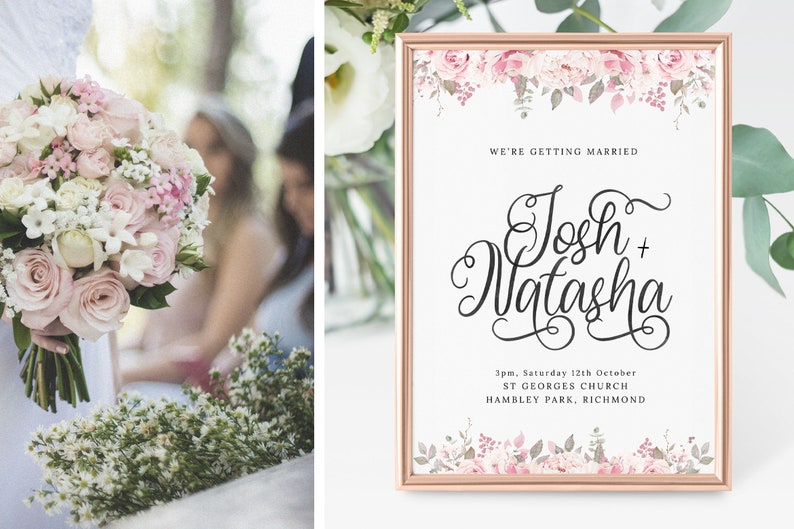 Pu&ograve; includere: Un cartello di annuncio di matrimonio con un bordo floreale. Il cartello recita "We're getting married" e presenta i nomi "Josh + Natasha" in un carattere corsivo. La data e la location del matrimonio sono elencate sotto i nomi: "3pm, Saturday 12th October, ST GEORGES CHURCH, HAMBLEY PARK, RICHMOND."
