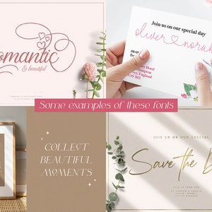 Puede incluir: Una colecci&oacute;n de fuentes mostradas en diferentes estilos y colores. Las fuentes se utilizan para crear texto que dice "Romantic & beautiful", "Oliver & Norah", "Collect Beautiful Moments", y "Save the Date".