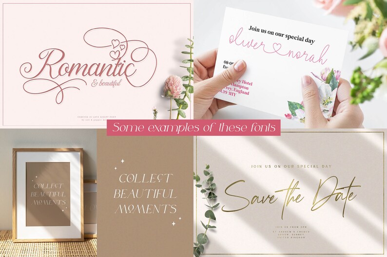 Puede incluir: Una colecci&oacute;n de fuentes mostradas en diferentes estilos y colores. Las fuentes se utilizan para crear texto que dice "Romantic & beautiful", "Oliver & Norah", "Collect Beautiful Moments", y "Save the Date".
