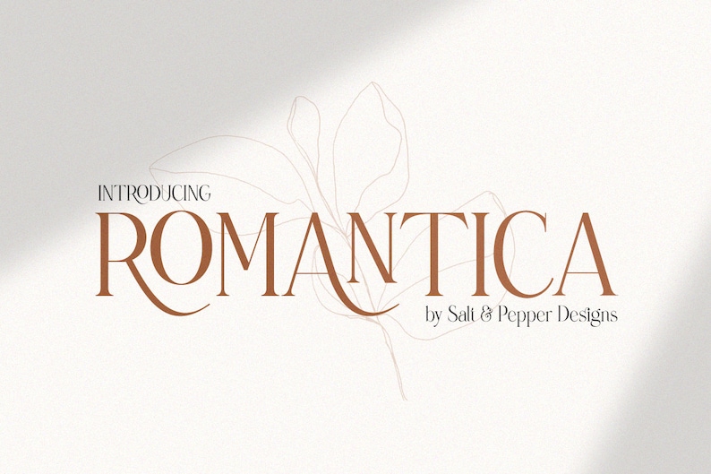 May include: Introducing Romantica font, a stylish and elegant script font with a delicate flourish. The font is displayed against a white background with a subtle shadow and a simple line drawing of a flower.