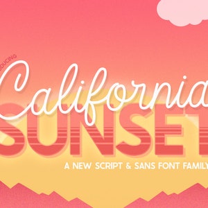 Peut inclure: Une conception graphique avec les mots "California SUNSET" dans une police stylisée, sur un fond dégradé de teintes roses et jaunes. Le texte "INTRODUCING" et "A NEW SCRIPT & SANS FONT FAMILY" sont également inclus.