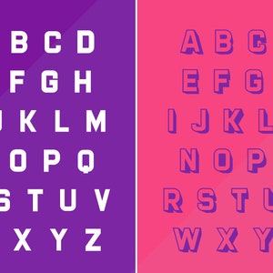 Puede incluir: Un alfabeto blanco con un efecto 3D sobre un fondo morado y un alfabeto morado con un efecto 3D sobre un fondo rosa.
