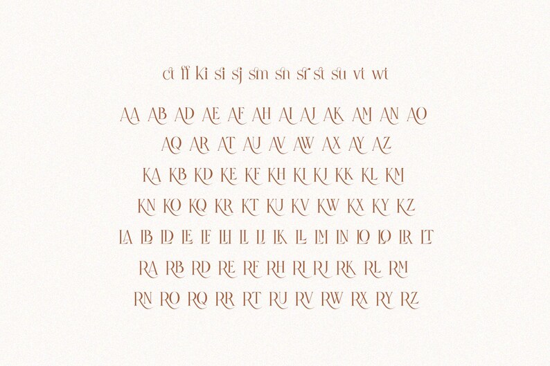 May include: A brown font chart displaying the letters of the alphabet in a decorative font style. The letters are arranged in rows, starting with the letter A and ending with the letter Z. The letters are in a serif font style and are all capitalised.