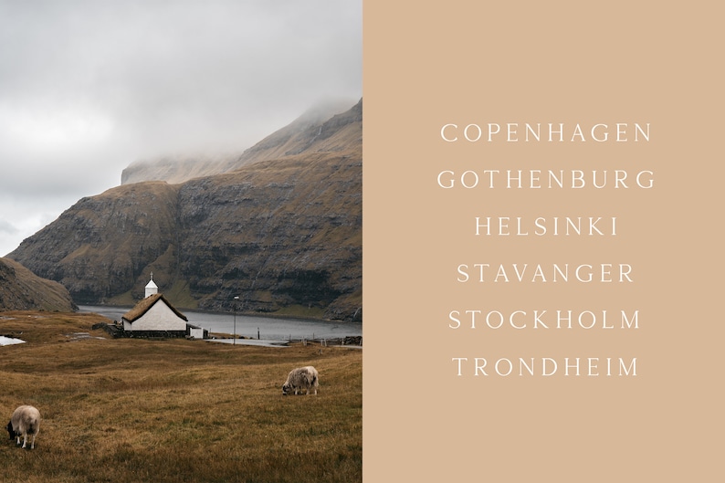 May include: A white church with a grass roof sits on a grassy hill overlooking a body of water. The church is surrounded by rolling hills and a cloudy sky. Two sheep graze in the field.