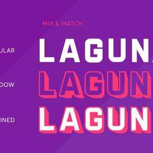 Puede incluir: Un ejemplo de dise&ntilde;o gr&aacute;fico que muestra la palabra "LAGUNA" en tres estilos diferentes: regular, sombra y combinado. El texto es blanco sobre un fondo morado.