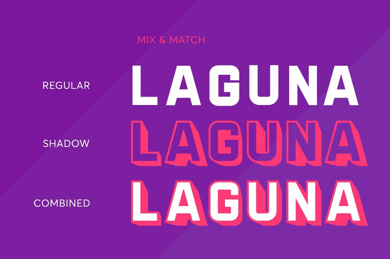 Puede incluir: Un ejemplo de dise&ntilde;o gr&aacute;fico que muestra la palabra "LAGUNA" en tres estilos diferentes: regular, sombra y combinado. El texto es blanco sobre un fondo morado.