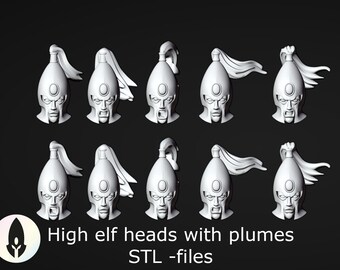 10 elf heads with plumes STL-files for 28mm miniatures / Fantasy tabletop gaming