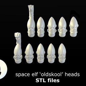 Space Elf heads &#39;Oldskool&#39; 28mm miniatures / wargaming models / sci-fi tabletop gaming 3D STL files
