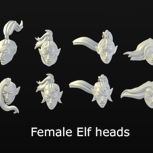 May include: Eight white, stylized female elf heads with different hairstyles are shown against a dark background. The image includes the text "Female Elf heads" at the bottom.