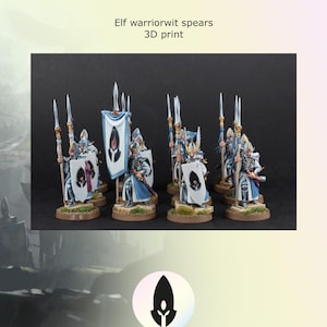Peut inclure: Figurines miniatures d'elfes guerriers avec des lances, des boucliers et des bannières. Les figurines sont peintes en bleu, blanc et or, avec des armures et des armes détaillées. Le texte "Elf warriorwit spears 3D print" est visible.