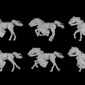 May include: Six miniature white plastic horses with riders, all in a galloping pose. The horses are wearing armour and have flowing capes.